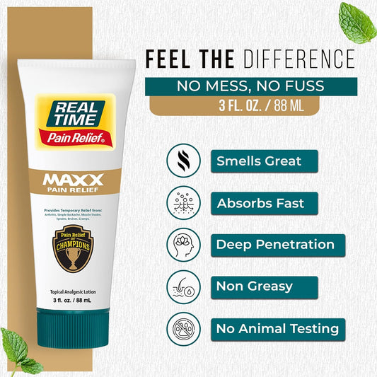 Real Time Pain Relief Maxx 3Oz Tube | 18 Natural Ingredients: Arnica, Menthol & Peppermint | Maximum Strength Muscle Pain Relief Lotion For Arthritis, Hands, Ankles, Back, Shoulders, Knees & Joints