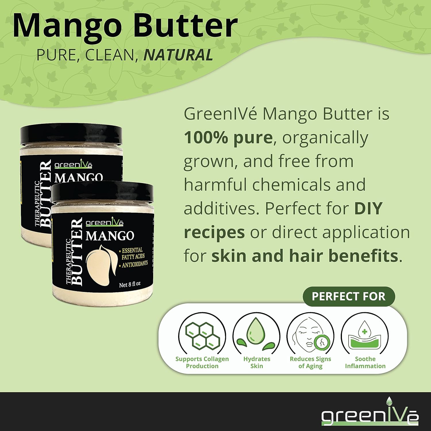 Greenive Virgin Mango Butter 100% Pure Raw Creamy All Natural Skin Moisturizer Unrefined (8 Ounce Jar) : Beauty & Personal Care