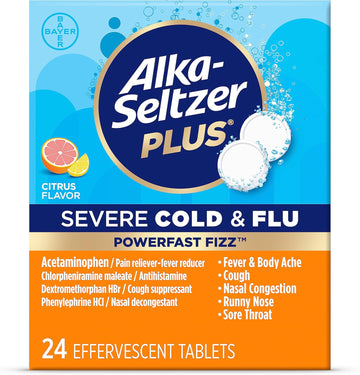 Alka-Seltzer Plus Severe, Cold & Flu Medicine, Citrus Effervescent Tablets, Nasal & Sinus Congestion, Sneezing, Runny Nose, Cough, Sore Throat 24 Count, Packaging May Vary