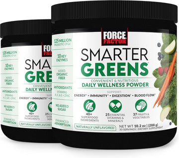 Force Factor Smarter Greens Daily Wellness Powder 2-Pack To Support Energy, Immunity & Digestion, Greens Powder, Superfood Powder With Vitamins, Minerals & Probiotics, Unflavored, 60 Servings