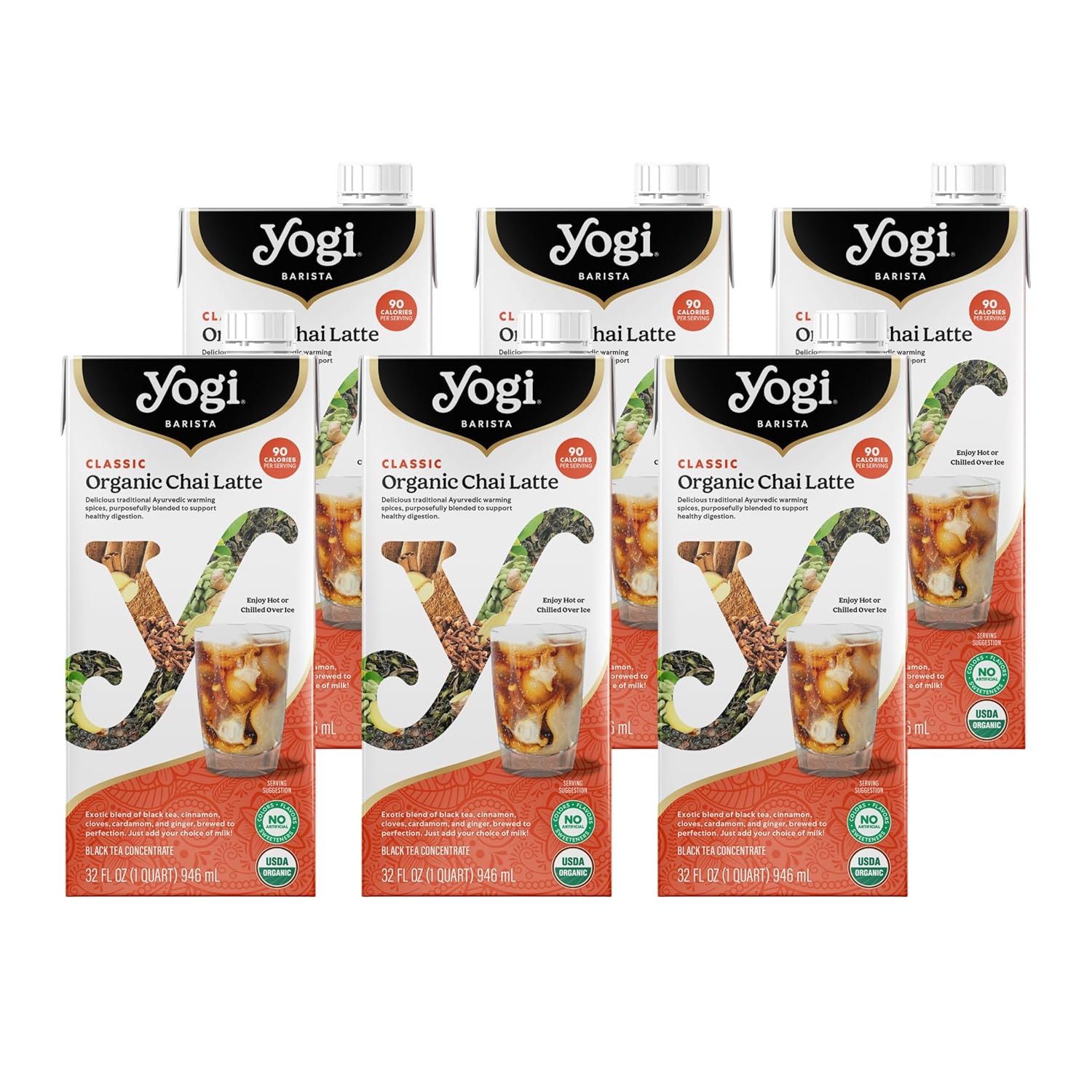 Yogi Barista Classic Organic Chai Latte - 32 Fluid Oz (6 Pack) - Organic Chai Tea Concentrate - Supports Healthy Digestion - Includes Black Tea, Ginger, Cardamom, Cinnamon & More