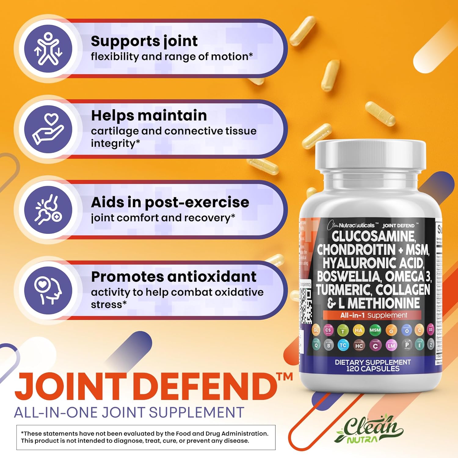 Clean Nutraceuticals Glucosamine Chondroitin Msm 1500Mg With Turmeric Curcumin, Collagen, Hyaluronic Acid, Omega 3 – Joint Health Supplement For Men & Women – Joint Complex – 120 Count : Health & Household