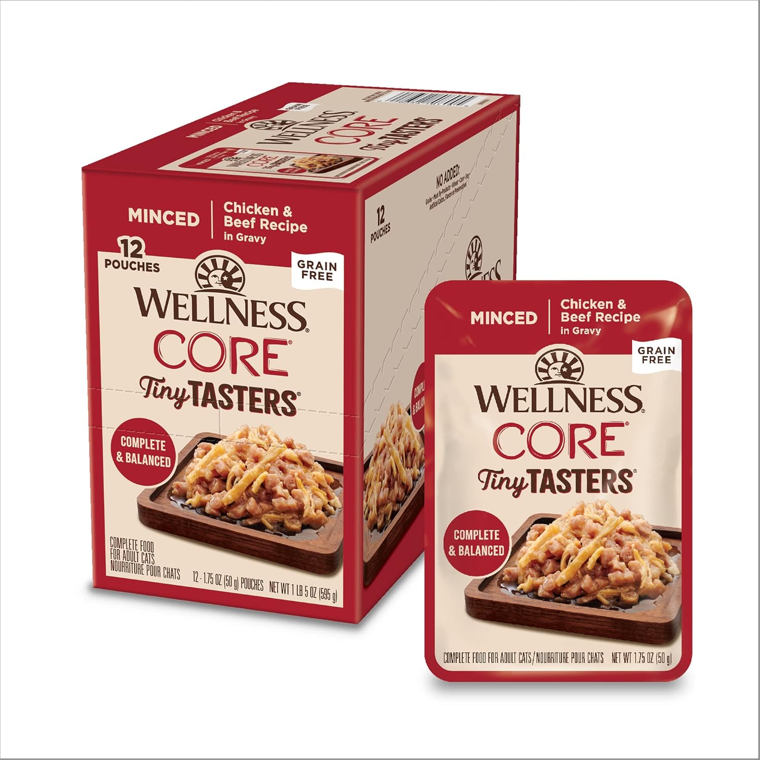 Wellness Core Tiny Tasters Wet Cat Food, Complete & Balanced Natural Pet Food, Made With Real Meat, 1.75-Ounce Pouch, 12 Pack (Adult Cat, Minced Chicken & Beef In Gravy)