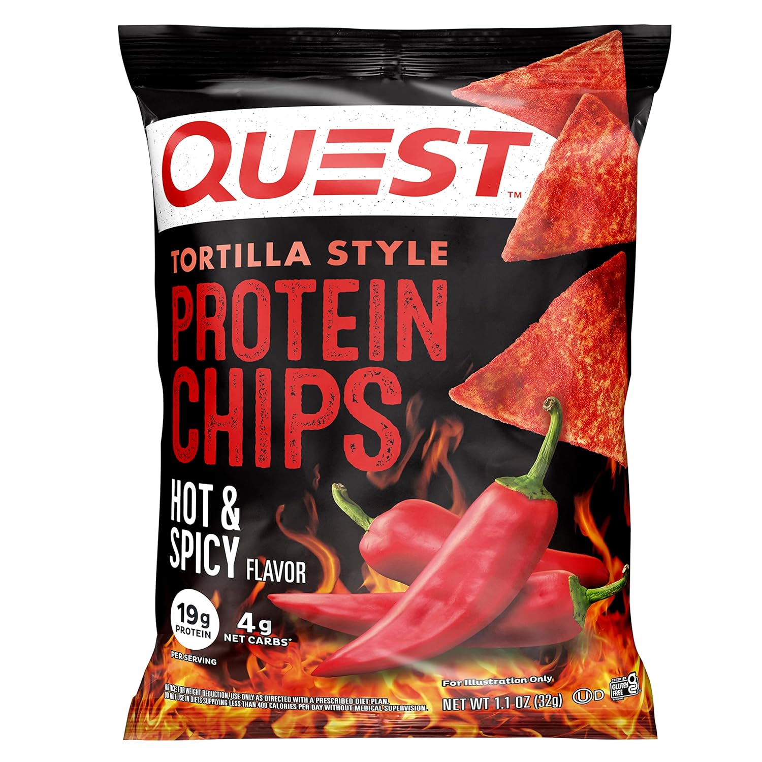 Quest Nutrition Tortilla Style Protein Chips, Hot & Spicy, 19g of Protein, 4g Net Carbs, Gluten Free, 1.1 Ounce (Pack of 12)