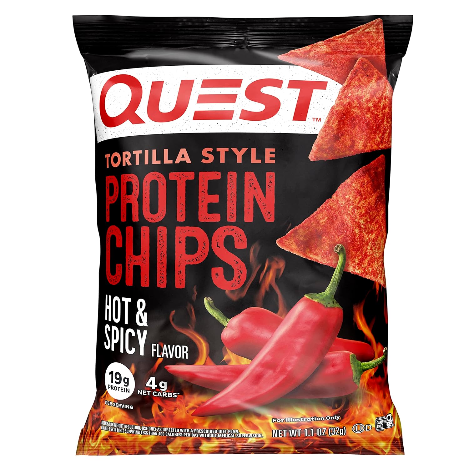 Quest Nutrition Tortilla Style Protein Chips, Hot & Spicy, 19G Of Protein, 4G Net Carbs, Gluten Free, 1.1 Ounce (Pack Of 12)