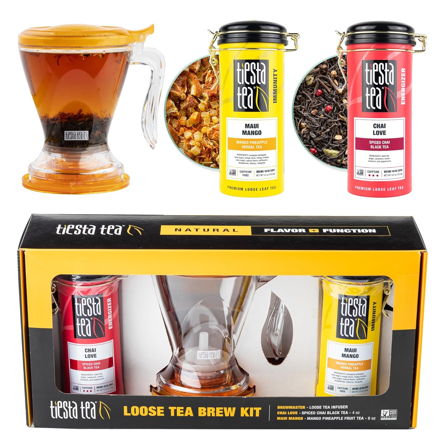 Tiesta Tea - Brewmaster And Loose Leaf Tea Gift Set | Maui Mango & Chai Love Loose Leaf Herbal Tea Blends With Infuser | High & Non Caffeinated Tea - 16Oz Tea Infuser & 2 Refillable Tin Combo