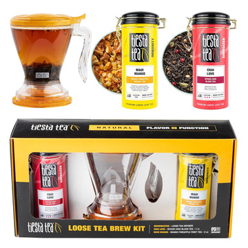 Tiesta Tea - Brewmaster And Loose Leaf Tea Gift Set | Maui Mango & Chai Love Loose Leaf Herbal Tea Blends With Infuser | High & Non Caffeinated Tea - 16Oz Tea Infuser & 2 Refillable Tin Combo