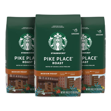 Starbucks Ground Coffee, Medium Roast Coffee, Pike Place Roast, 100% Arabica, 3 Bags (18 Oz Each)