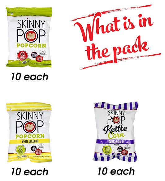 Niro Assortment | Bulk Popcorn, Skinny Pop Popcorn Individual Bags Variety Pack - Skinny Pop, 30 Packs of 3 Flavors