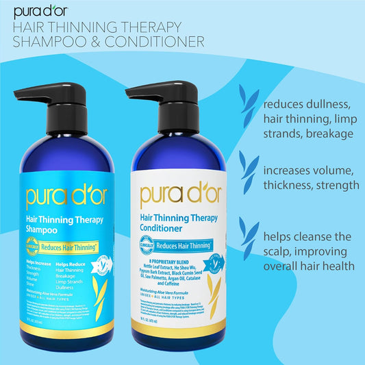 Pura D'Or Hair Thinning Therapy Biotin Shampoo And Conditioner Set, Clinically Tested Proven Results, Dht Blocker Hair Thickening Products For Women & Men, Natural Routine, Color Safe, 16Oz X2