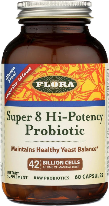 Flora - Super 8 Hi-Potency Probiotic - Daily Probiotic For Gut & Digestive Health - 42 Billion Cfu - Contains Lactobacillus & Bifidobacterium Strains - Keep Chilled - 60 Capsules
