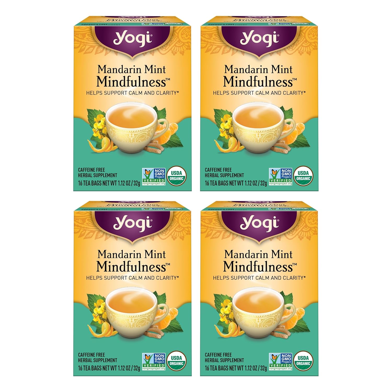 Yogi Tea Mandarin Mint Mindfulness - 16 Tea Bags Per Pack (4 Pack) - Organic Mandarin Mint Tea - Calming Herbal Tea - Includes Ashwagandha, Reishi Mushroom, Mandarin, Peppermint & More