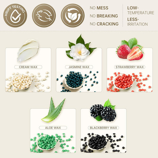 Lifestance Wax Beads Set, 5 Kinds Of Waxing Beads, Hard Wax Beans With 57 Items Silicone Spatulas, Perfect For Any Waxing Warmers For Hair Removal For Bikini, Underarm, Eyebrow, Legs