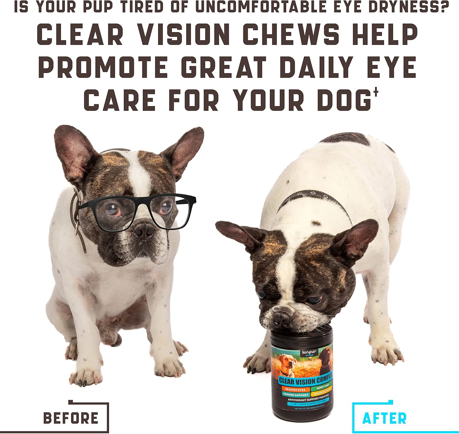 Eye Vitamins for Dogs - Dog Vision Supplement for Tear Stains, Dog Eye Care, Immune Support - Vitamin ?, Carrot, Fish Oil, Lutein - 180 Soft Chews with Duck Flavor - for All Breeds and Ages : Pet Supplies