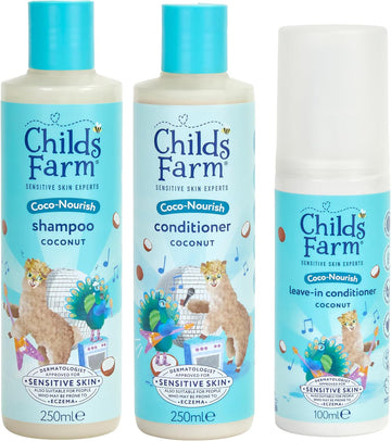 Childs Farm Kids Coco-Nourish Hair Regime Bundle |Tear Free Coconut Shampoo (250Ml), Conditioner (250Ml) And Leave-In Conditioner Spray (100Ml) | Suitable For Dry, Curly And Coily Hair - 3 Pack