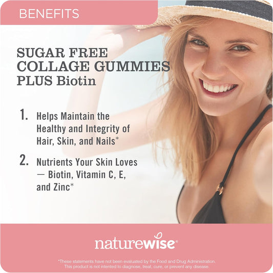 Naturewise Sugar-Free Hydrolyzed Collagen Gummies - Type I & Iii Peptides For Women + Biotin, Vitamin C E & Zinc For Hair Skin And Nails & Joint Support - 90 Count[45-Day Supply]