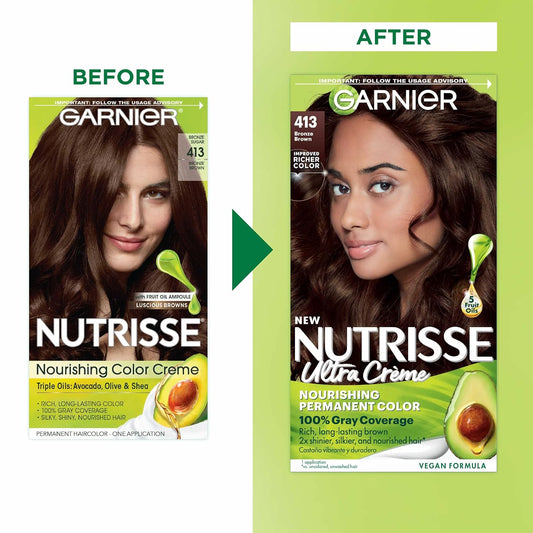 Garnier Hair Color Nutrisse Nourishing Creme, 413 Bronze Brown (Bronze Sugar) Permanent Hair Dye, 1 Count (Packaging May Vary)