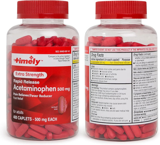 Timely Rapid Release Acetaminophen 500mg Caplets 400 Count- Extra Strength Pain Relief - Compared to Tylenol Acetaminophen Rapid Release - Migraine Relief, Cold Medicine, Back and Body Pain Reliever