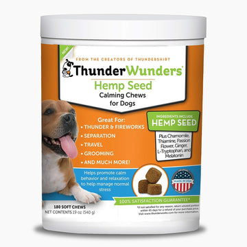 ThunderWunders Hemp Dog Calming Chews | Vet Recommended for Situational Anxiety | Fireworks, Thunderstorms, Travel & More | Made with Hemp Seed, Thiamine, L-Tryptophan, Melatonin & Ginger (180 Count)