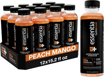 New Essentia Hydroboost Enhanced Bottled Water, 15.2 Fl. Oz. (450 Ml), 12 Pack, Peach Mango, Hydrolyte Blend With B-Complex Vitamins And Electrolytes, Clean Taste & Supercharged Hydration