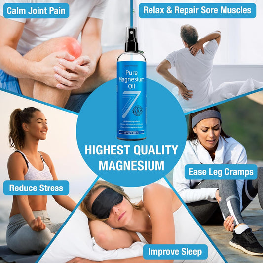 Seven Minerals, Pure Magnesium Oil Spray - Big 12 Oz (Lasts 9 Months) - Usp Grade Magnesium Spray, No Unhealthy Trace Minerals - From Ancient Underground Permian Seabed In Usa, Free Ebook Included