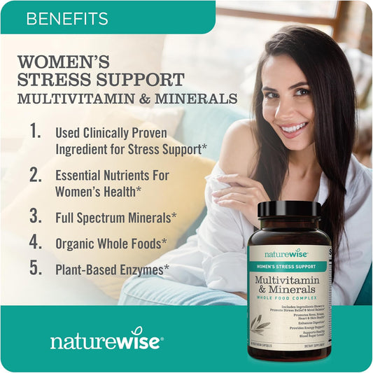 Naturewise Multivitamin For Women + Stress Support + B-Complex + Vitamin C + D3 K2 For Immunity, Hair, Skin & Nails, Digestion + Whole Organic Foods - Vegetarian, Non-Gmo - 60 Capsules[1-Month Supply]