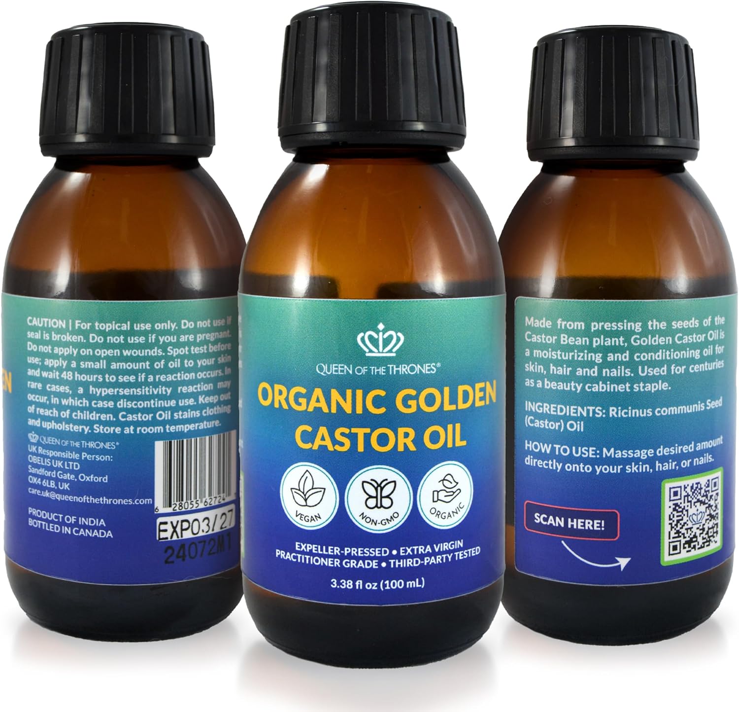 QUEEN OF THE THRONES Organic Golden Castor Oil - 100mL (3.38oz) | 100% Pure & Expeller-Pressed for Hair, Skin & Nails | Hexane Free | USDA Certified : Amazon.co.uk: Health & Personal Care