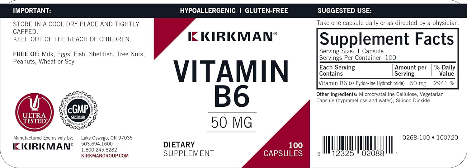 Kirkman Vitamin B-6 50 mg - Hypoallergenic | 100 Vegetarian Capsules | Gluten/Casein Free | Tested for More Than 950 Environmental contaminants. : Health & Household