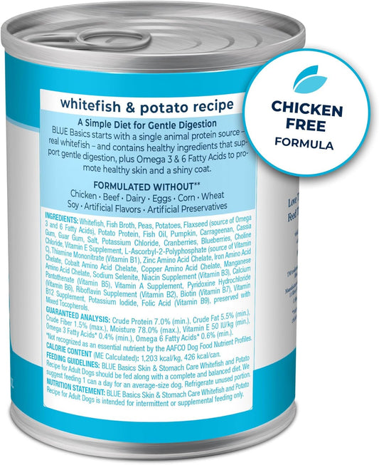 Blue Buffalo Basics Grain-Free Adult Wet Dog Food, Skin & Stomach Care, Limited Ingredient Diet, Whitefish Recipe, 12.5-Oz. Can, 12 Count