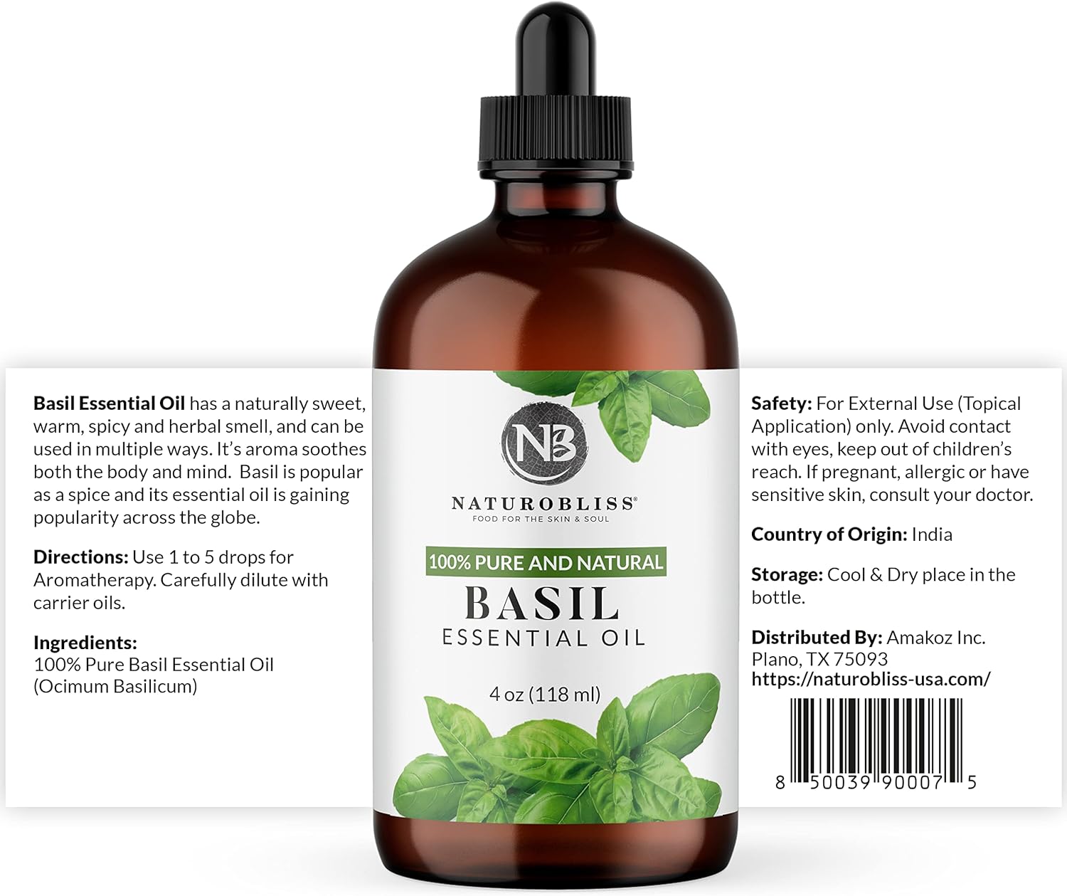 NaturoBliss 100% Pure Basil Essential Oil Therapeutic Grade Premium Quality (4 fl. oz) with Glass Dropper, Perfect for Aromatherapy : Health & Household