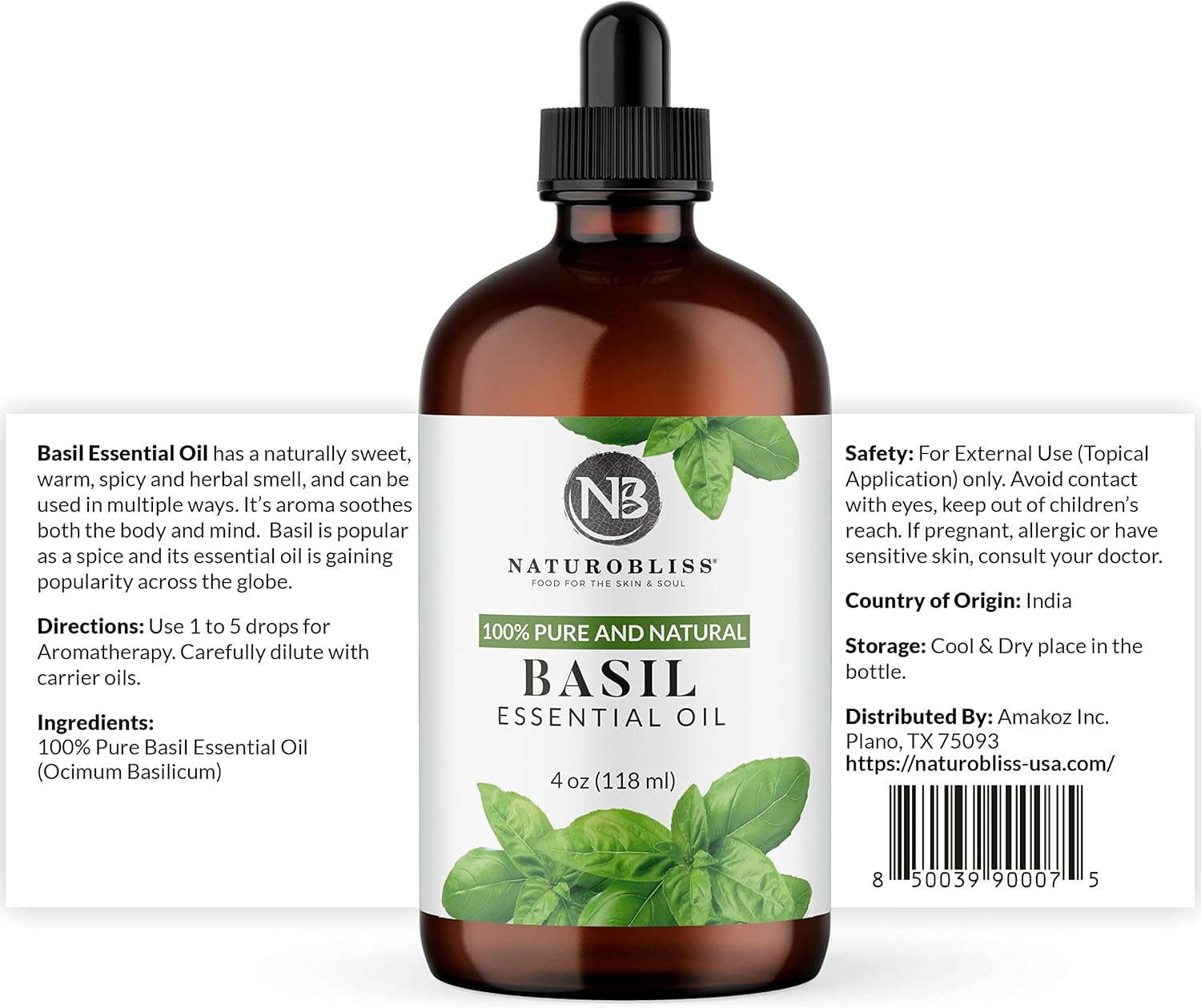 NaturoBliss 100% Pure Basil Essential Oil Therapeutic Grade Premium Quality (4 fl. oz) with Glass Dropper, Perfect for Aromatherapy : Health & Household