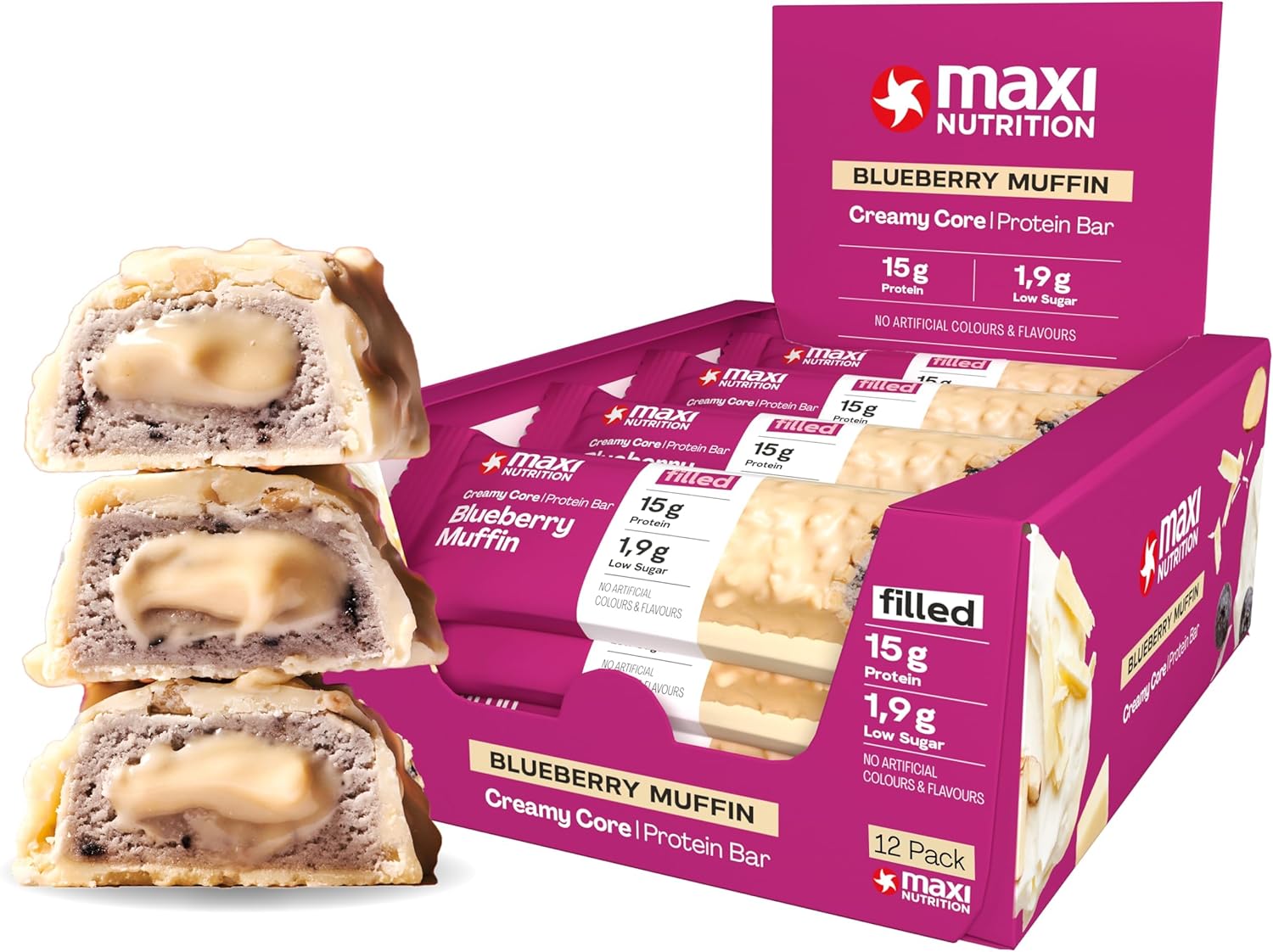 Maxinutrition Creamy Core Protein Bar - High Protein Snack - Fat-Free, Low In Sugar - 15G Protein - Blueberry Muffin, 200 Kcal Per Serving, 12 X 45G