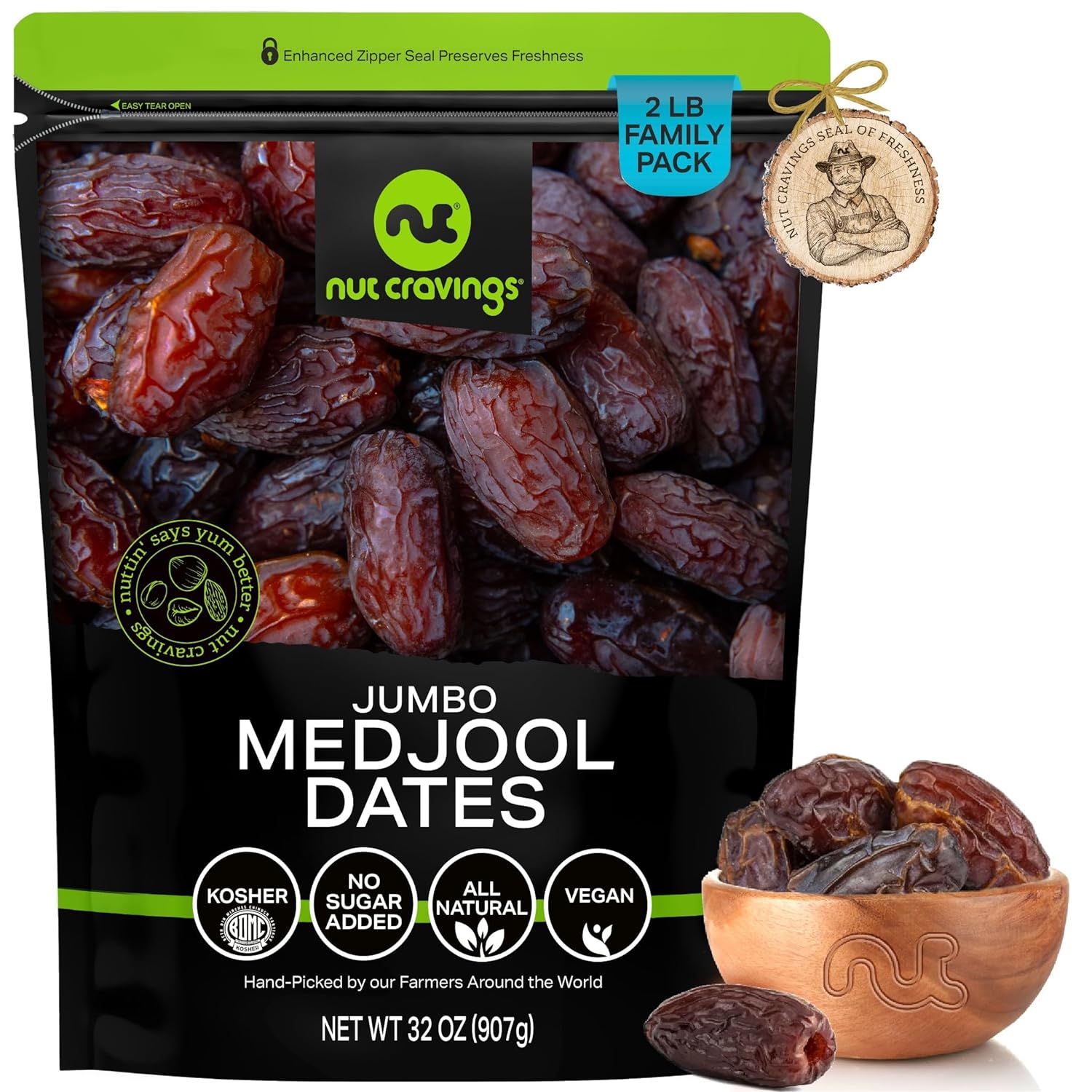 Nut Cravings Dry Fruits - Sun Dried Jumbo Medjool Dates, No Sugar Added (32oz - 2 LB) Packed Fresh in Resealable Bag - Sweet Snack, Healthy Food, All Natural, Vegan, Kosher Certified