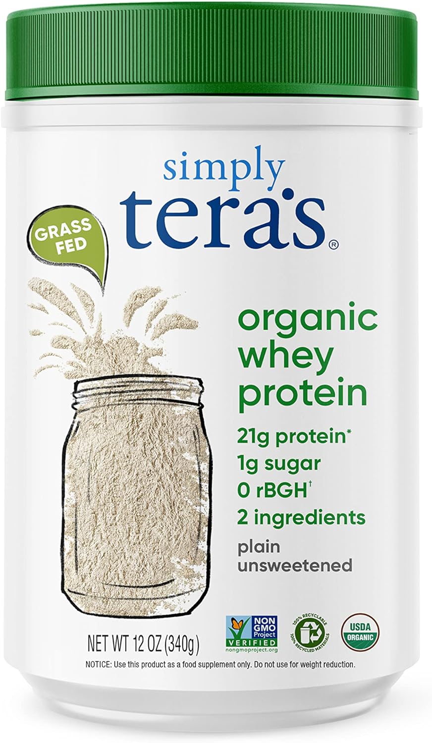 Tera's Whey Grass Fed Organic Whey Protein, Plain, 12 Ounce