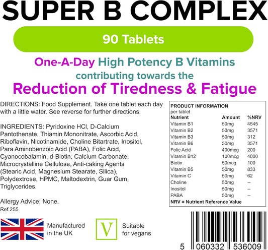 Lindens Super B Complex Vitamin Tablets - 90 Pack - with a Full Spectrum of B Vitamins and Vitamin C - Reduces Tiredness and Fatigue - UK Manufacturer, Letterbox Friendly