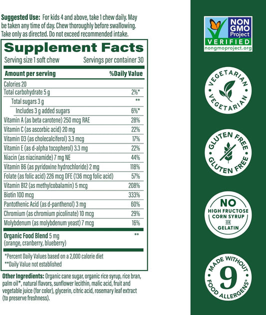 Megafood Kids One Daily Multivitamin Soft Chews - Kids Vitamins With Vitamin B, Vitamin C, Vitamin D & Vitamin E - Age 4+, Vegetarian, Made Without 9 Food Allergens - Grape Flavor - 30 Chews