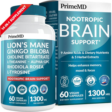 PrimeMD 14-in-1 Lions Mane Supplement Capsules - Nootropic Brain Supplement with Ginkgo Biloba for Memory and Focus - Alpha GPC, L Theanine and Choline Supplements with 1300mg Per Serving