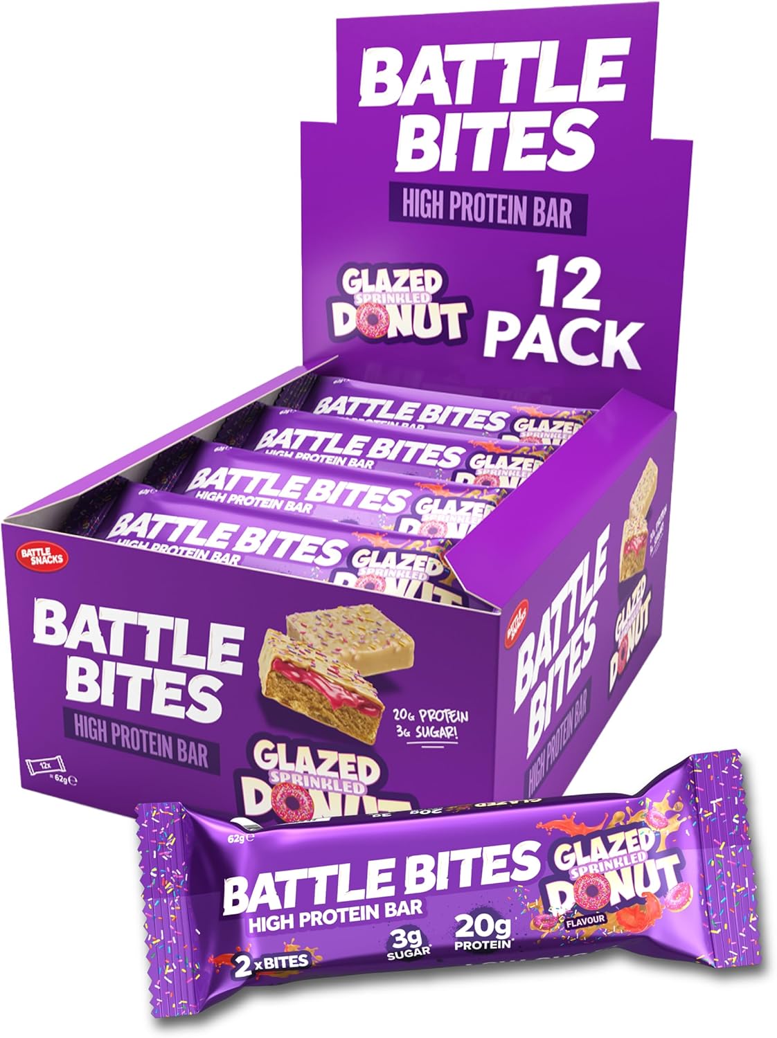 Battle Bites High Protein Bar, 12 X 62 G Low Carb Protein Bars - Glazed Sprinkled Donut