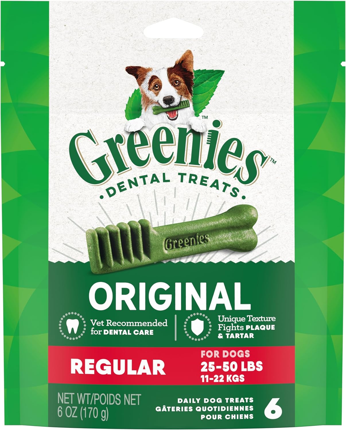 Greenies Original Regular Natural Dental Care Dog Treats, 6 Oz. Pack (6 Treats)