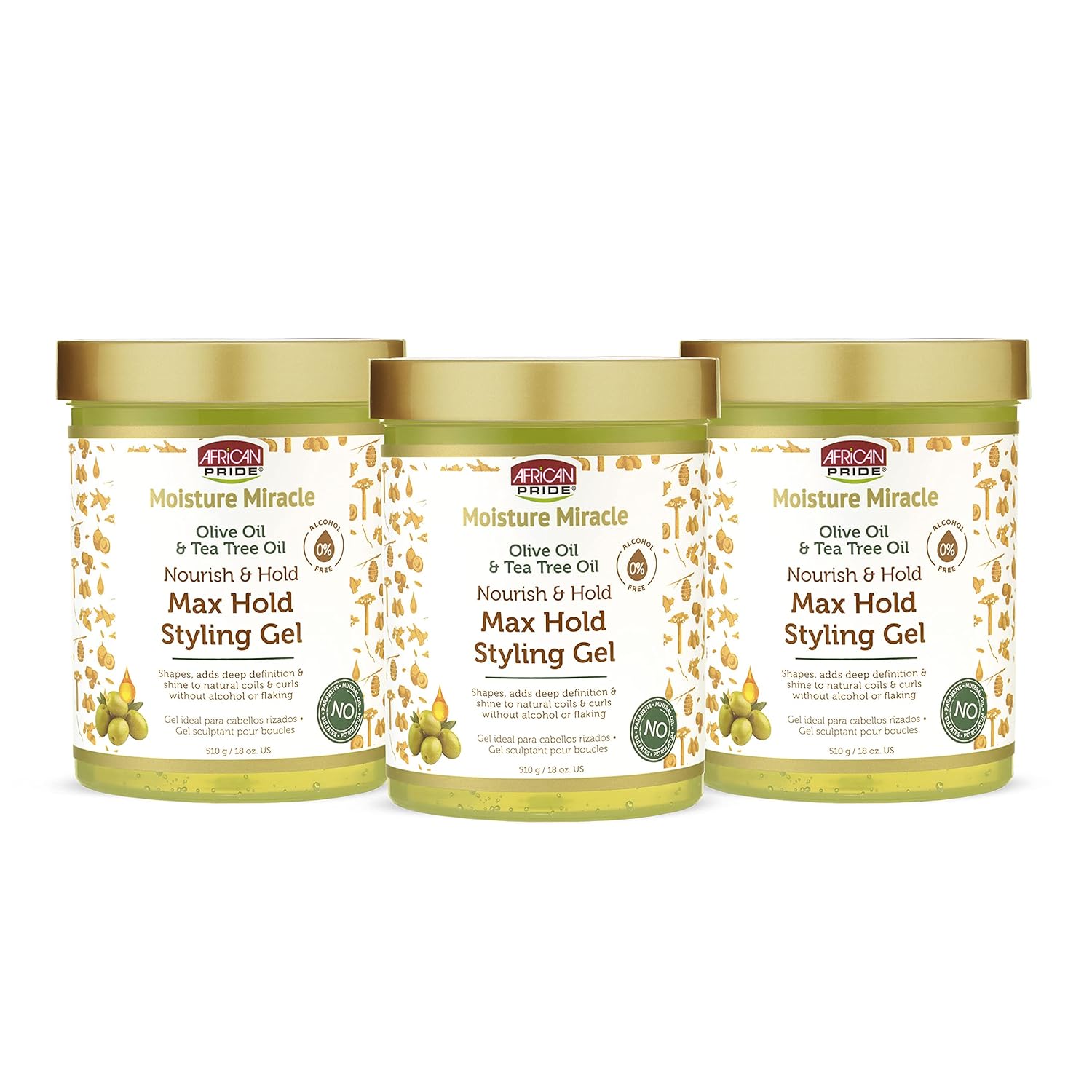 African Pride Moisture Miracle Olive & Tea Tree Oil Max Hold Styling Hair Gel (3 Pack), For Natural Coils & Curls, 18 oz