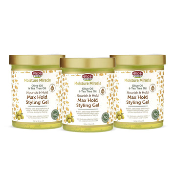 African Pride Moisture Miracle Olive & Tea Tree Oil Max Hold Styling Hair Gel (3 Pack), For Natural Coils & Curls, 18 oz