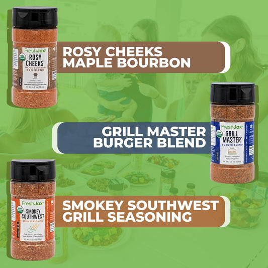 FreshJax Organic Steak Meat Seasoning Gift Set | 3 Large Bottles | Grill Master, Rosy Cheeks Rub, Smokey Southwest Grill Seasoning | Handcrafted in Jacksonville | Grilling Spice Gift Set (3 pack) - Gift Box Included