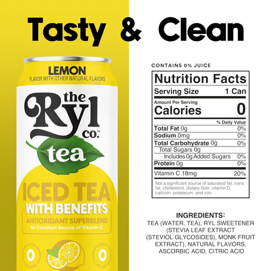 Ryl Iced Tea, Lemon, Antioxidant Superblend, Zero Sugar, Low Carb, Zero Calorie Iced Tea, 16.0 Fl Oz (12-Pack)