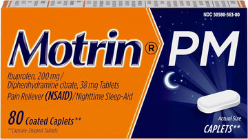 Motrin Pm Caplets, 200 Mg Ibuprofen & 38 Mg Sleep Aid, Nighttime Relief For Minor Pains, 80 Ct