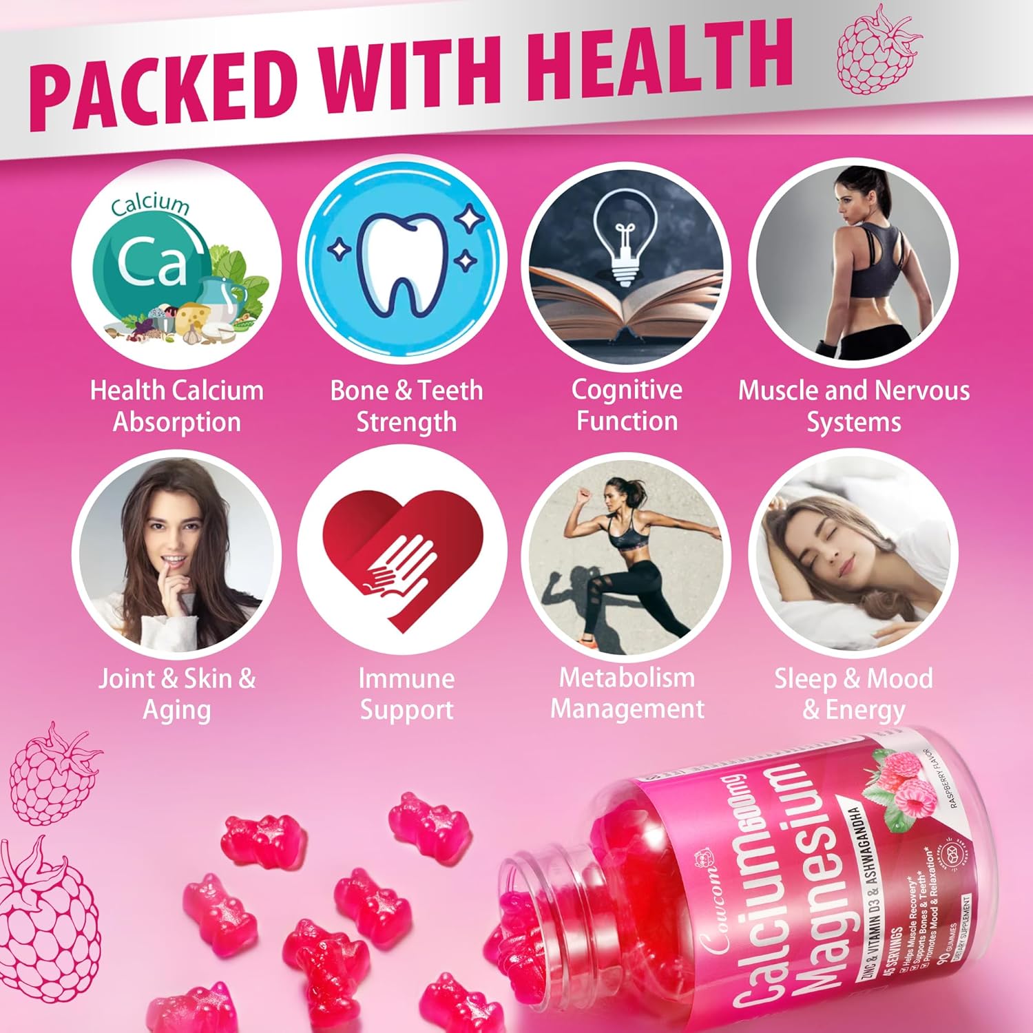 Calcium Magnesium Zinc Gummies & Vitamin D3,B6,B12,Immune & Supporting Bone Health Calcium Magnesium Supplement For Women Men,Sugar-Free Vegan Strawberry Flavor 90 Counts : Health & Household