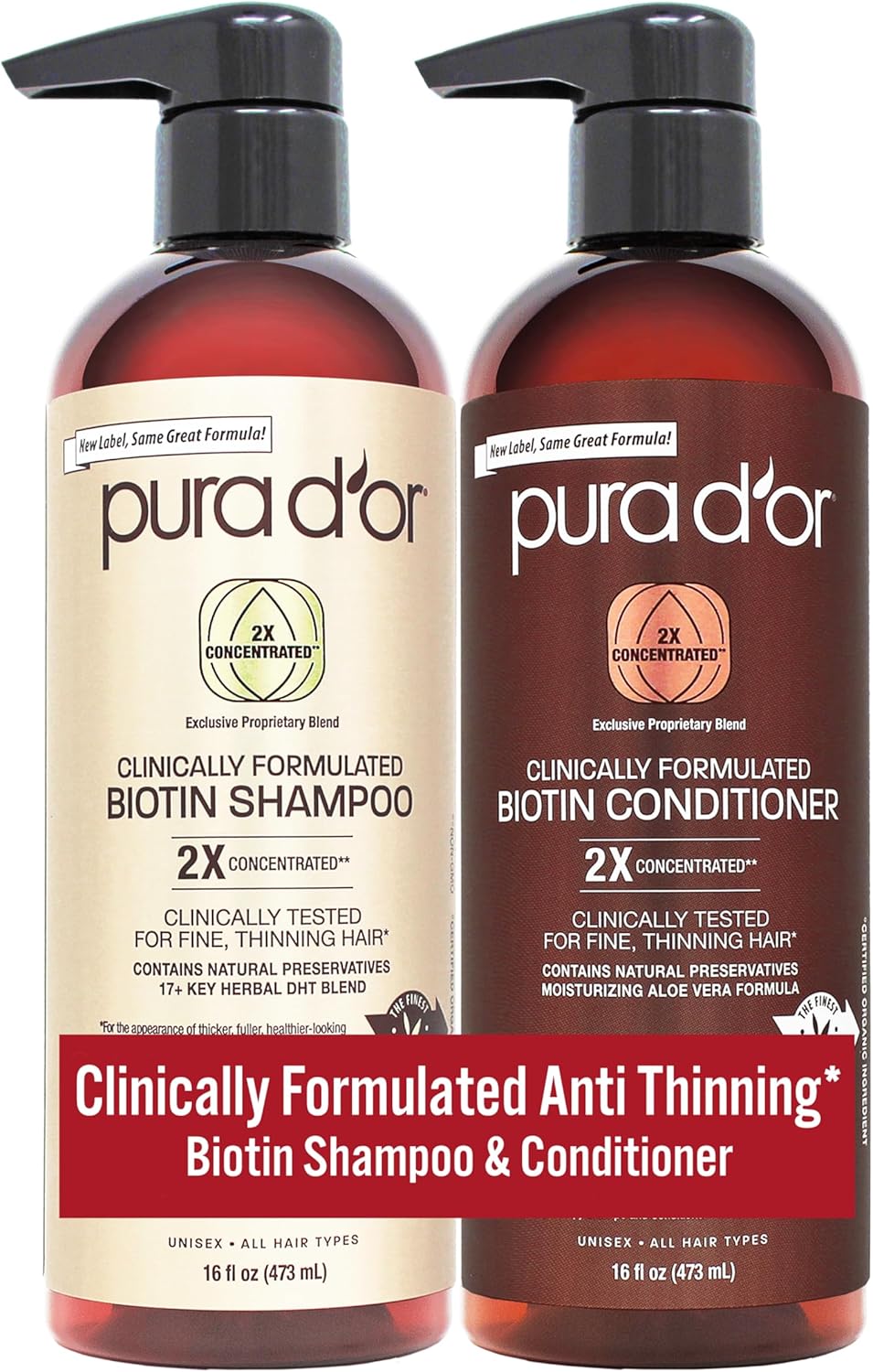 Pura D'Or Professional Grade Thickening Shampoo Clinically Tested Hair Thinning Therapy Super Concentrated For Maximum Results, Sulfate Free Natural & Organic Ingredients, Men & Women, 473 Ml