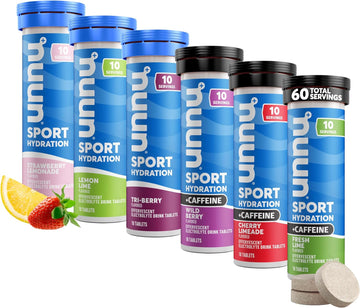 Nuun Sport + Caffeine Electrolyte Tablets – Dissolvable In Water, Variety Pack | 5 Essential Electrolytes For Hydration | 1G Sugar Drink Mix | Vegan, Non-Gmo | 6 Pack (60 Total Servings)