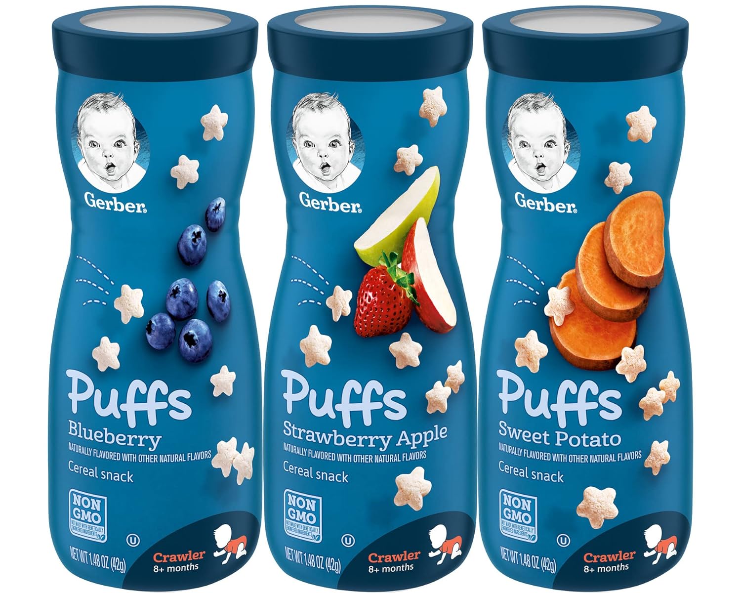 Gerber Graduates Puffs Cereal Snack Variety Pack - Blueberry, Strawberry-Apple, Sweet Potato 1.48 Ounce (Variety Pack of 3)