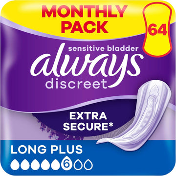 Always Discreet Incontinence Pads Women, Long Plus, Absorbency 5, 64 Sanitary Towels (16 x 4 Packs), Extra Secure Bladder Leak Protection, Odour Neutraliser