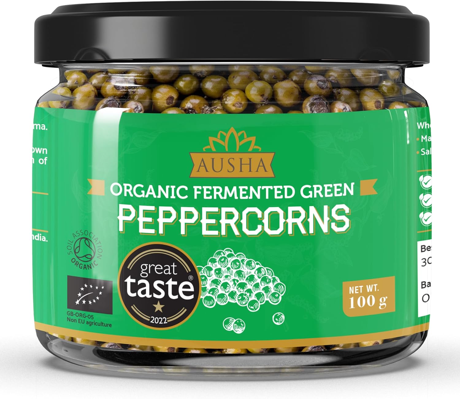 Ausha Organic Green Peppercorns In Brine 100G - Uk Certified Organic Soil Association - Bio Available Form Of Pepper - Fermented In Brine With Turmeric And Amla Juice - 1* Great Taste Award
